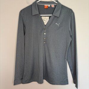 PUMA CELL NEW Collared Long Sleeve Polo Womens L Tradewinds Heather V-Neck Snaps